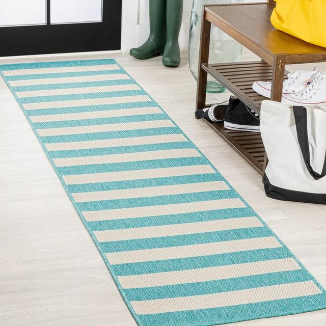 2' x 8' Negril Two-Tone Wide Stripe Indoor/Outdoor Runner Rug, Aqua/Cream - JONATHAN Y
