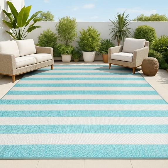 3' x 5' Negril Two-Tone Wide Stripe Indoor/Outdoor Area Rug, Aqua/Cream - JONATHAN Y