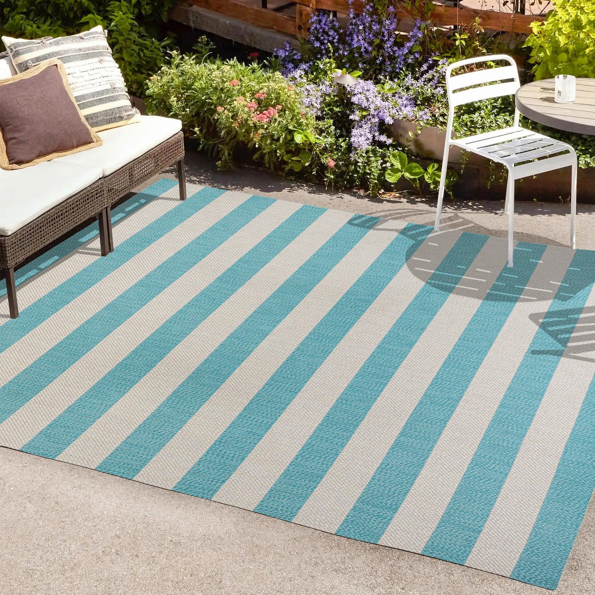 3' x 5' Negril Two-Tone Wide Stripe Indoor/Outdoor Area Rug, Aqua/Cream - JONATHAN Y