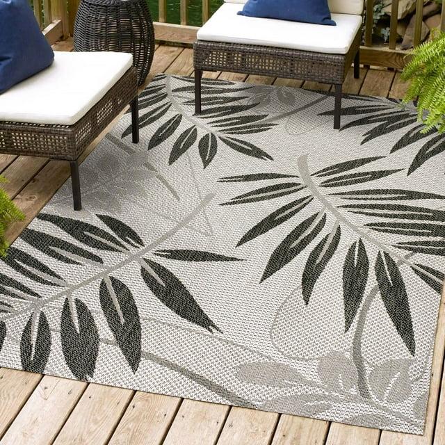 8' x 10' Havana Tropical Palm Leaf Indoor/Outdoor Area Rug, Gray/Black - JONATHAN Y