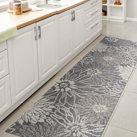 2' x 8' Bahamas Modern All-Over Floral Indoor/Outdoor Runner Rug, Navy/Gray - JONATHAN Y
