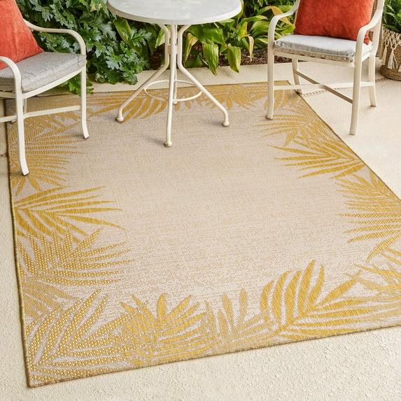JONATHAN Y Isla Coastal Cottage Palm Frond Border Yellow/Cream 3 ft. x 5 ft. Indoor/Outdoor Area Rug
