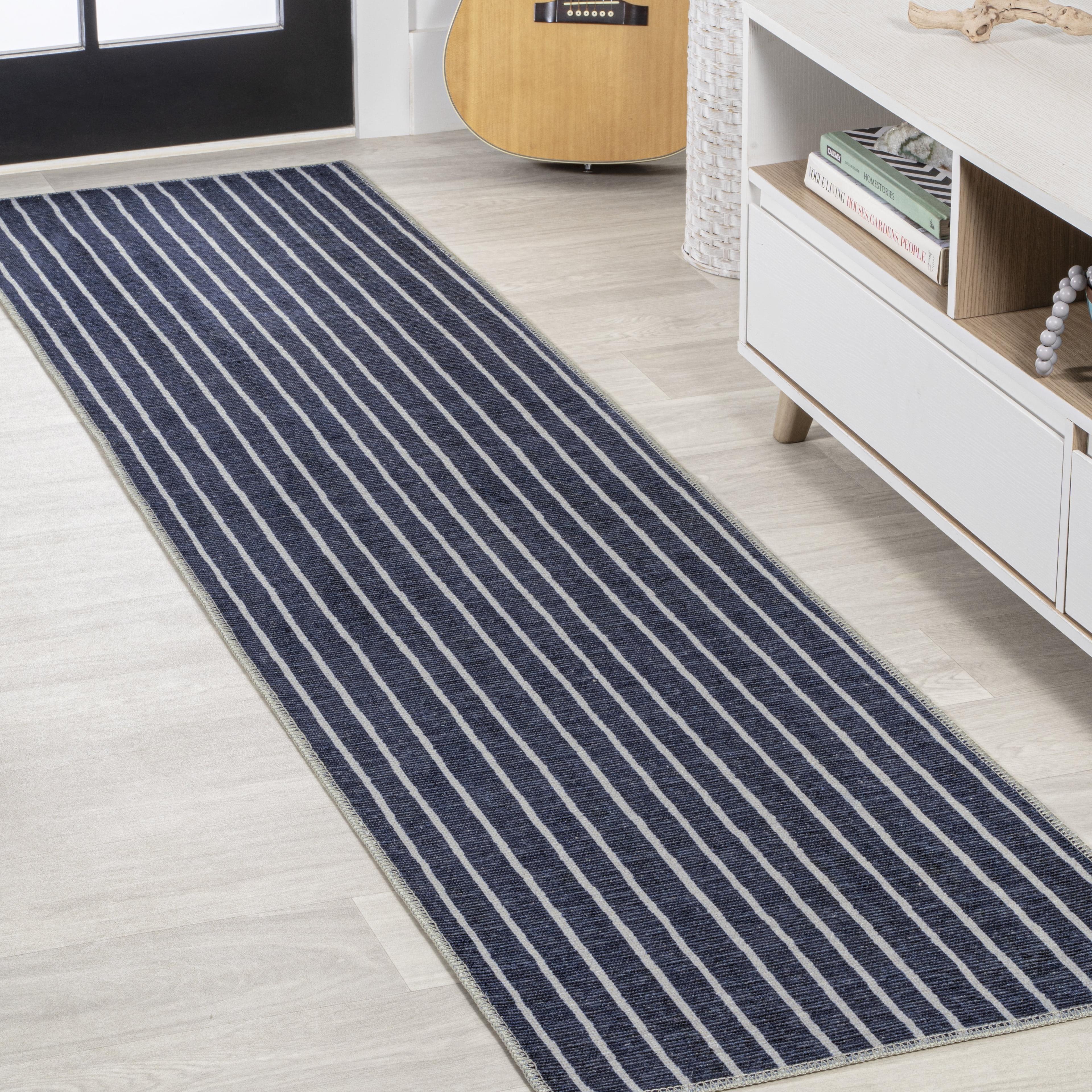JONATHAN Y Rand Distressed Ticking Stripe Machine-Washable Navy/Gray 2 ft. x 8 ft. Runner Rug