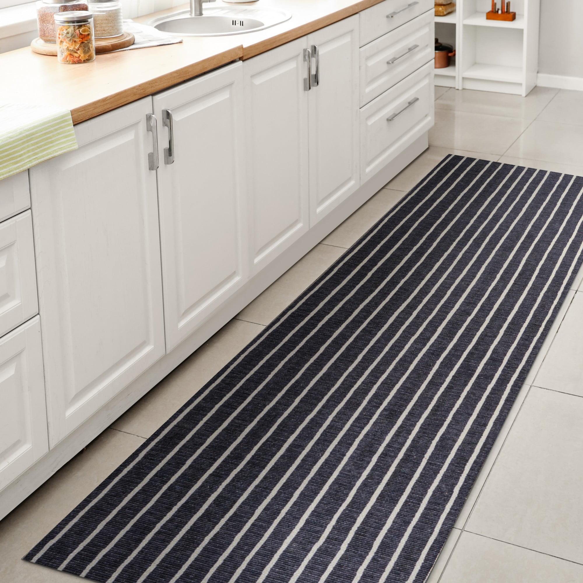 2' x 8' Rand Distressed Ticking Stripe Machine-Washable Runner Rug, Navy/Ivory - JONATHAN Y