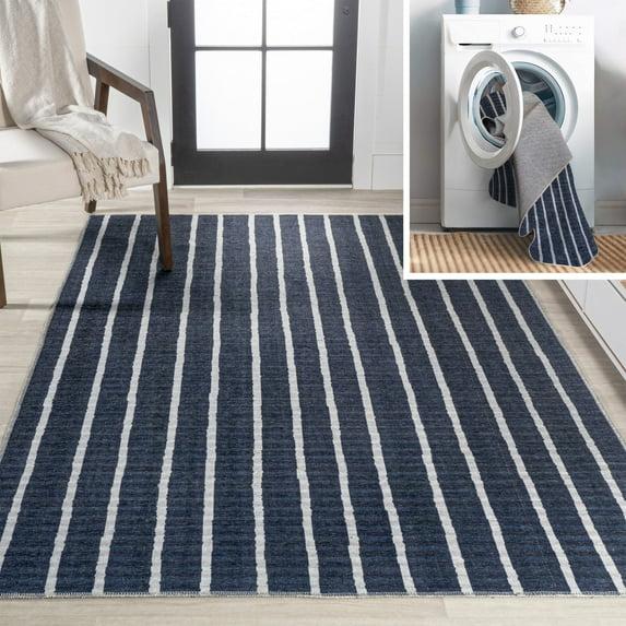 5' x 8' Rand Distressed Ticking Stripe Machine-Washable Area Rug, Navy/Ivory - JONATHAN Y