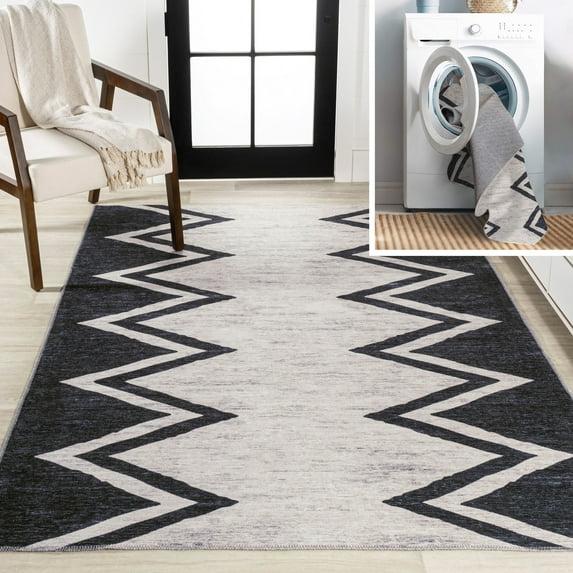 4' x 6' Siksak Modern Chevron Border Machine-Washable Area Rug, Ivory/Black - JONATHAN Y
