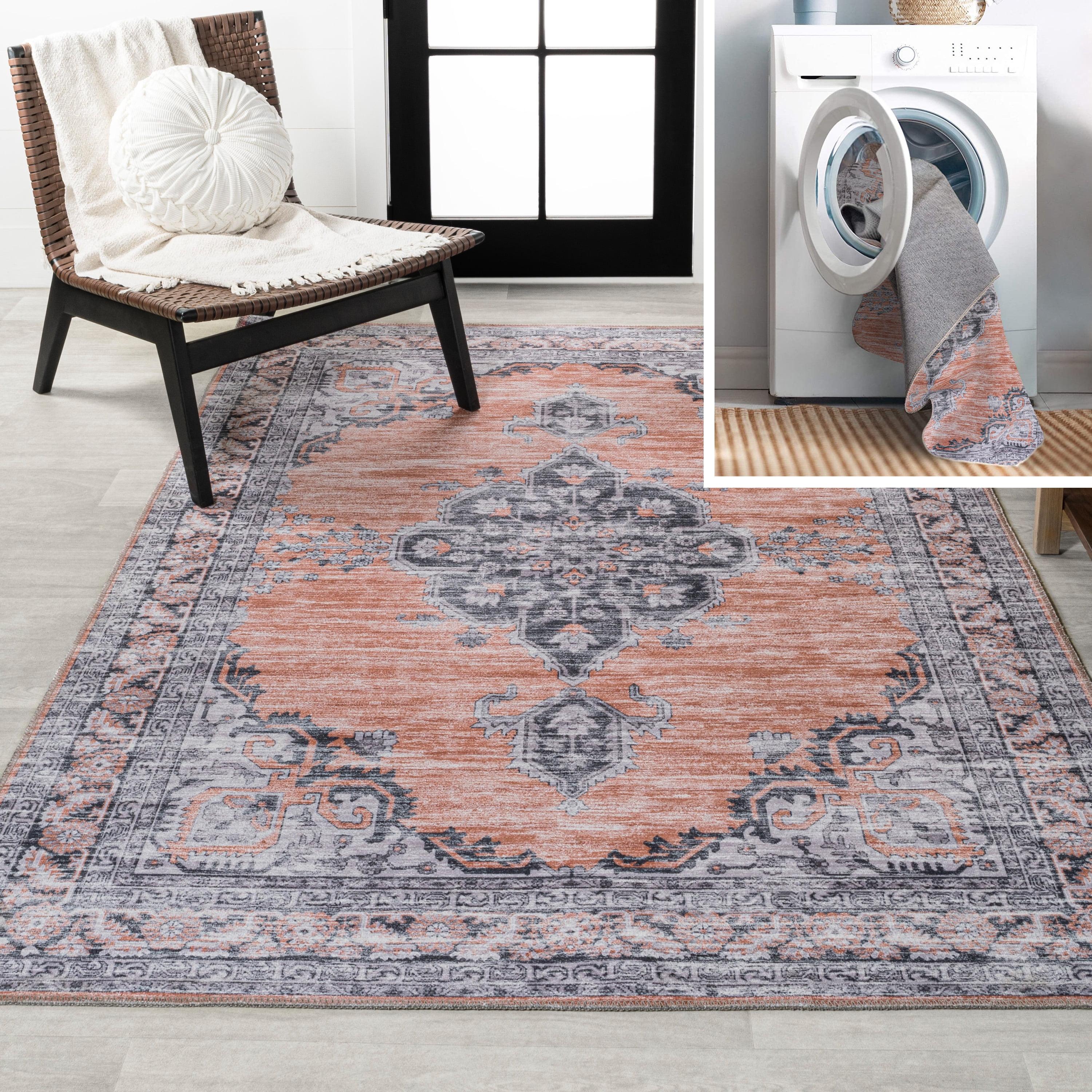 Wincer Chenille Cottage Medallion Machine-Washable Orange/Gray 5 ft. x 8 ft. Area Rug - JONATHAN Y