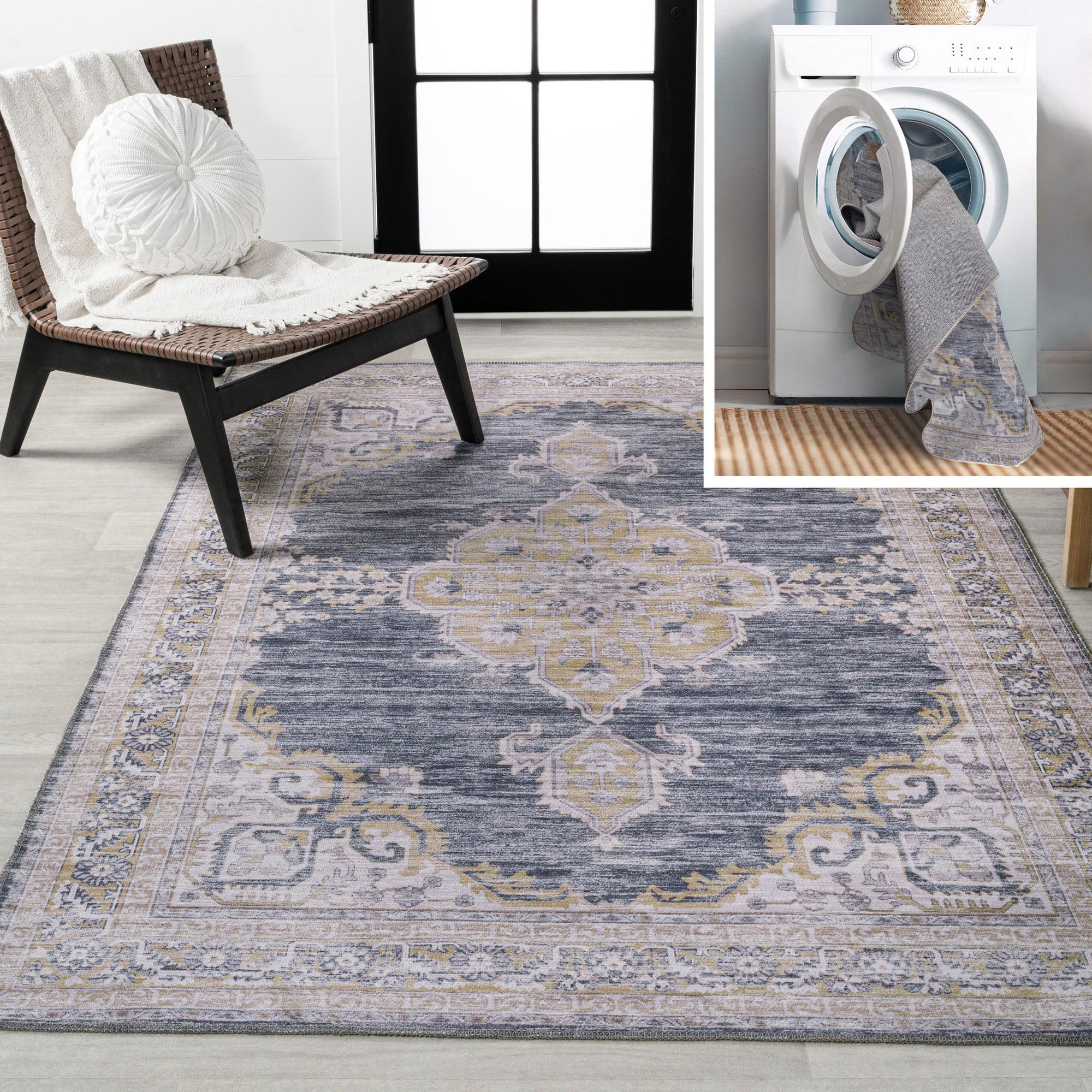 Wincer Chenille Cottage Medallion Machine-Washable Dark Gray/Yellow 3 ft. x 5 ft. Area Rug - JONATHAN Y
