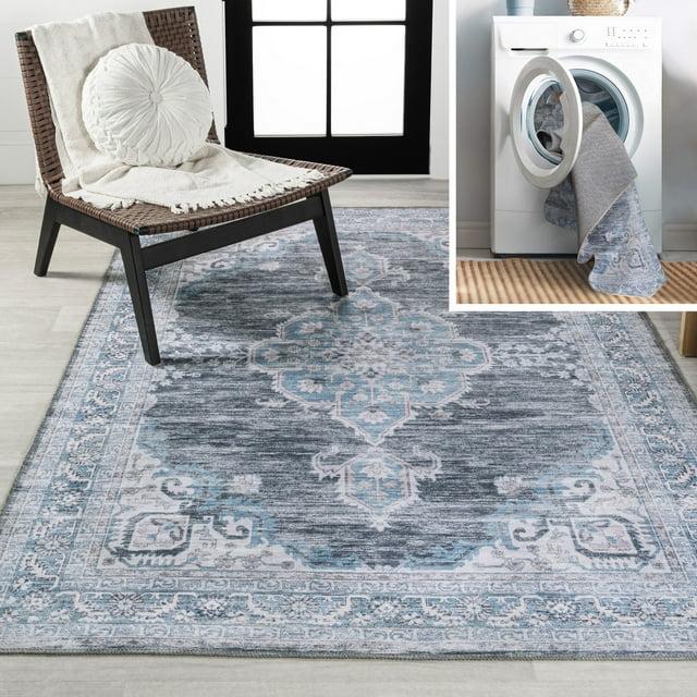 Wincer Chenille Cottage Medallion Machine-Washable Gray/Blue/White 3 ft. x 5 ft. Area Rug - JONATHAN Y