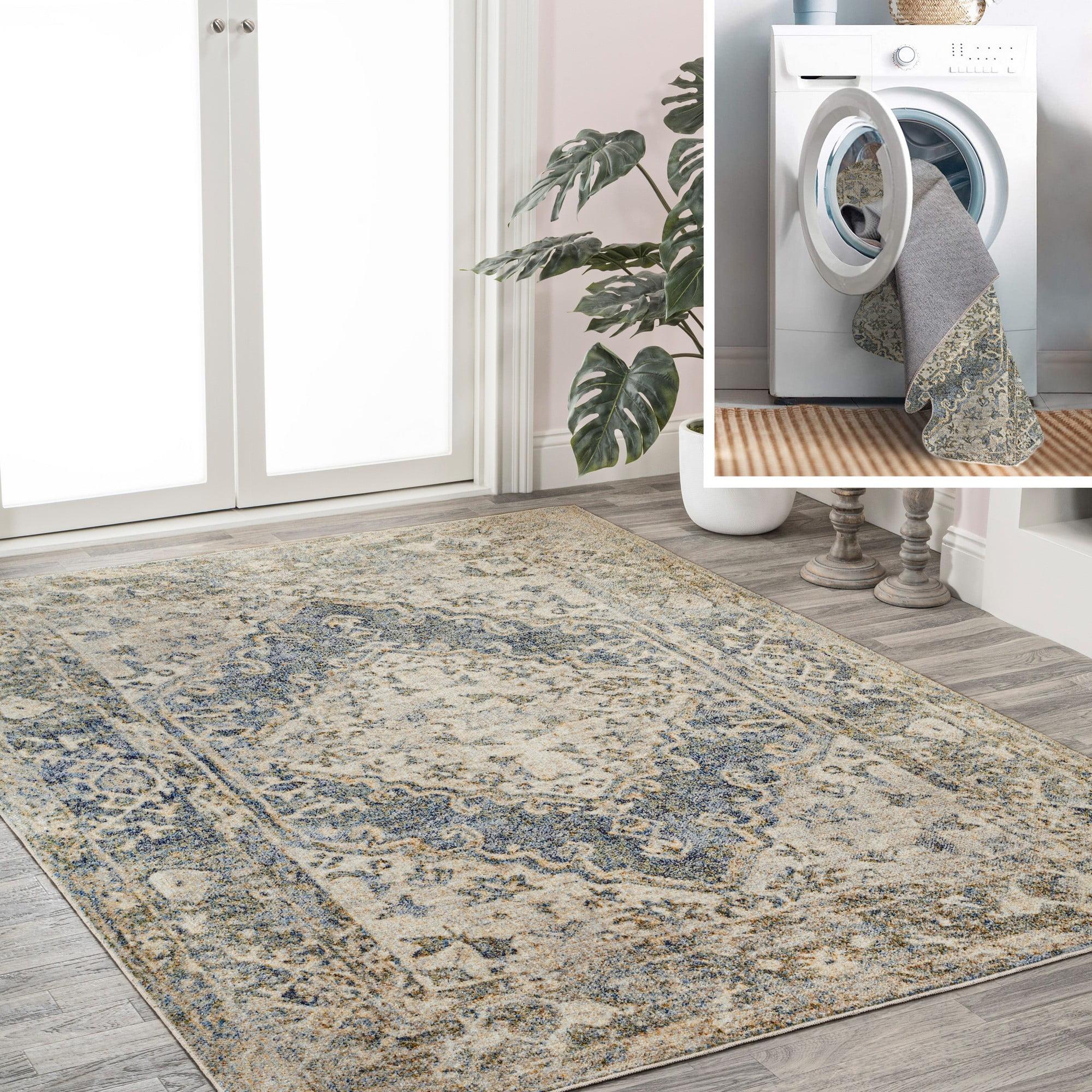 JONATHAN Y Pavel Distressed Medallion Low-Pile Machine-Washable Blue/Cream 5 ft. x 8 ft. Area Rug