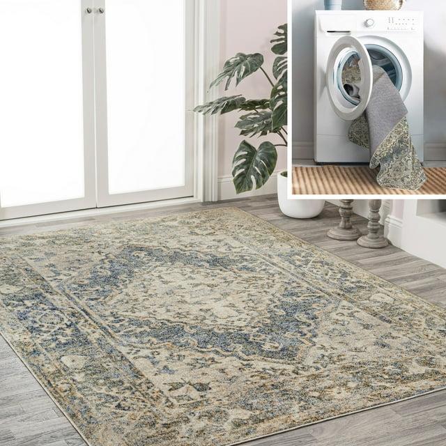 JONATHAN Y Pavel Distressed Medallion Low-Pile Machine-Washable Blue/Cream 5 ft. x 8 ft. Area Rug