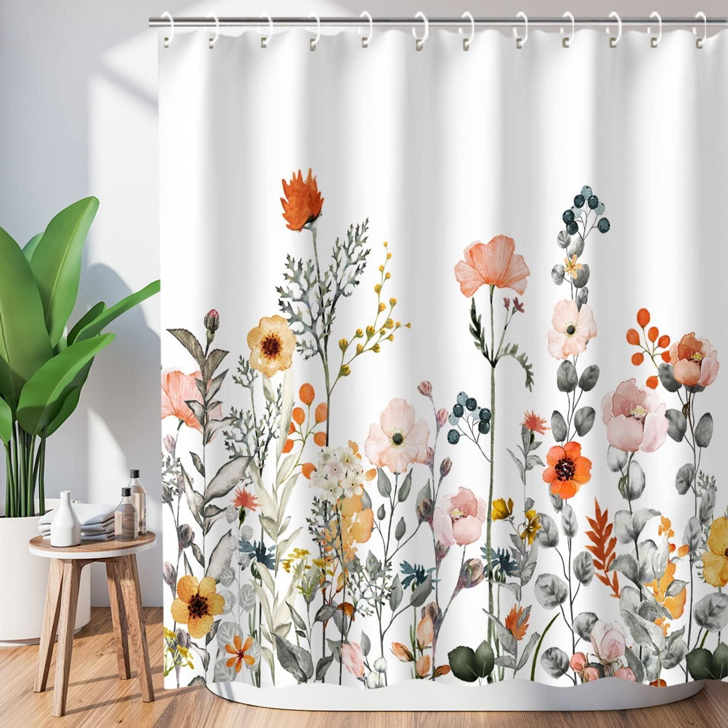 Colorful Floral Wildflower Polyester Shower Curtain with Hooks