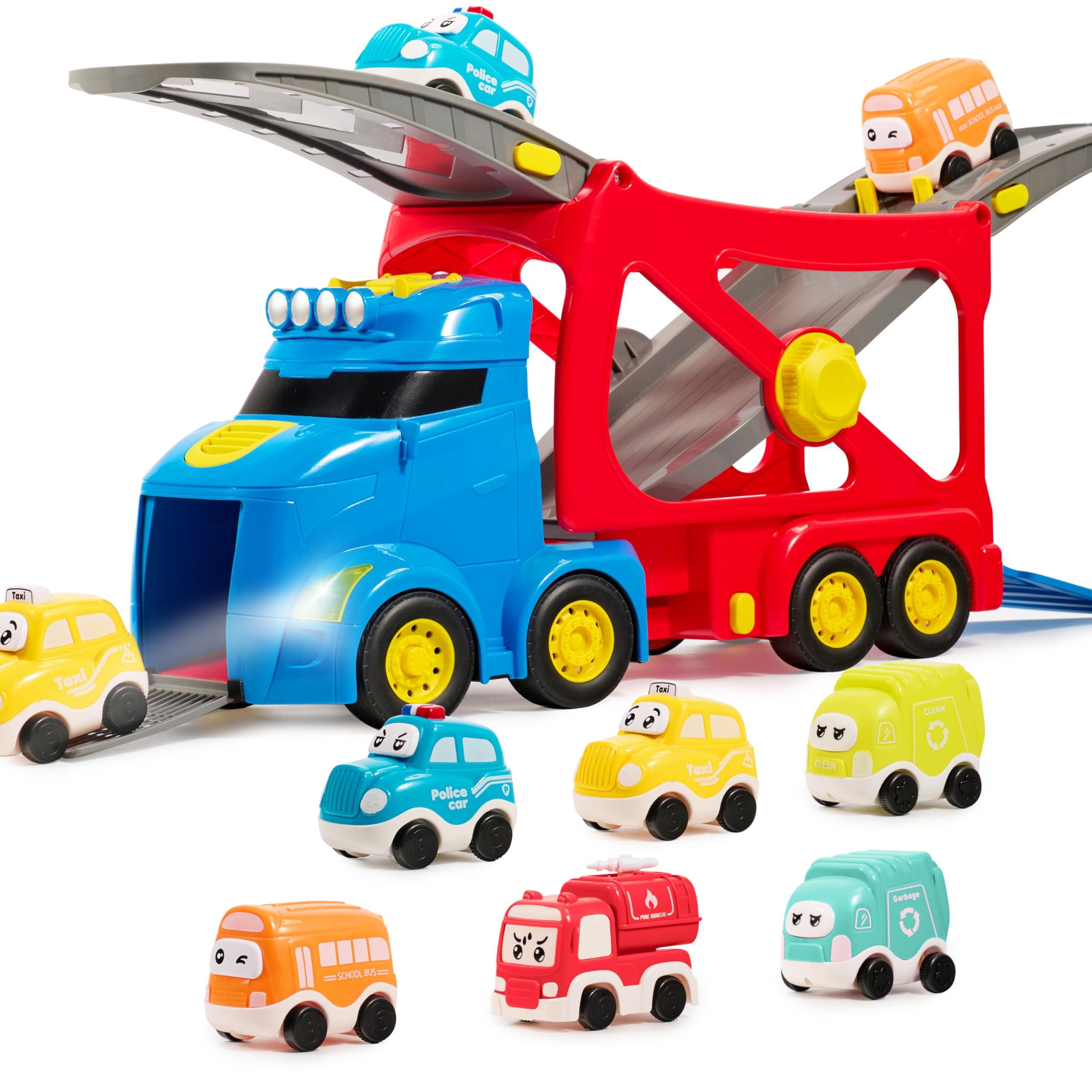 Joyfy 7-in-1 Extra Large City Truck Toys, 17” Big Transport Carrier Truck with Sounds and Lights, Easter Birthday Gifts for Boys Girls 3+ Years Old