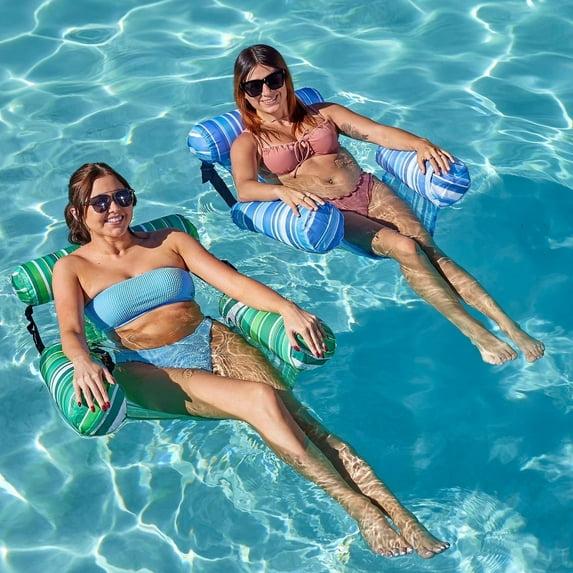 Joyfy 2 Packs Inflatable Pool Chairs,  Inflatable Lounge Pool Float, Stripe Hammock Chair for Adult Summer Party Water Beach Fun - Green, Blue