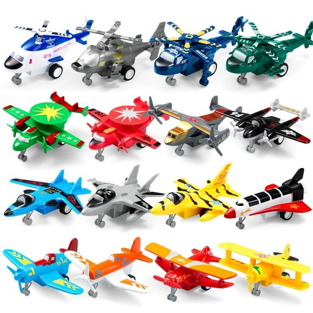 SYNCFUN 16 Pcs Pull Back Airplane Toys, Boys Plane Playset, Aircraft Incl Helicopter Toys, Fighter Jet Toys, Bomber Biplane Toy, Gifts for Toddler s