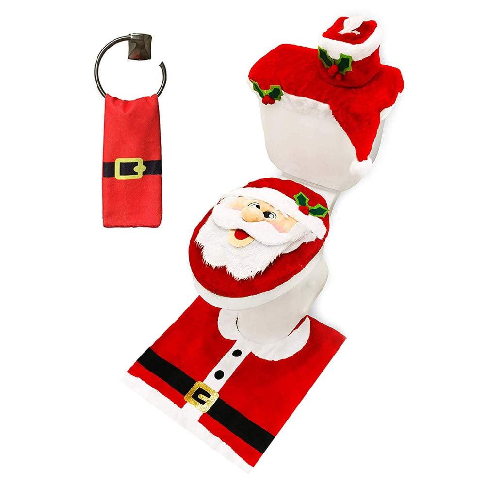 The Holiday Aisle® 5 Pieces Christmas Theme Bathroom Decoration Set W/Toilet Seat Cover, Rugs, Tank Cover, Toilet Paper Box Cover And Santa Towel For Xmas Indoor Décor, Party Favors (Santa)