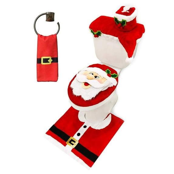 The Holiday Aisle® 5 Pieces Christmas Theme Bathroom Decoration Set W/Toilet Seat Cover, Rugs, Tank Cover, Toilet Paper Box Cover And Santa Towel For Xmas Indoor Décor, Party Favors (Santa)