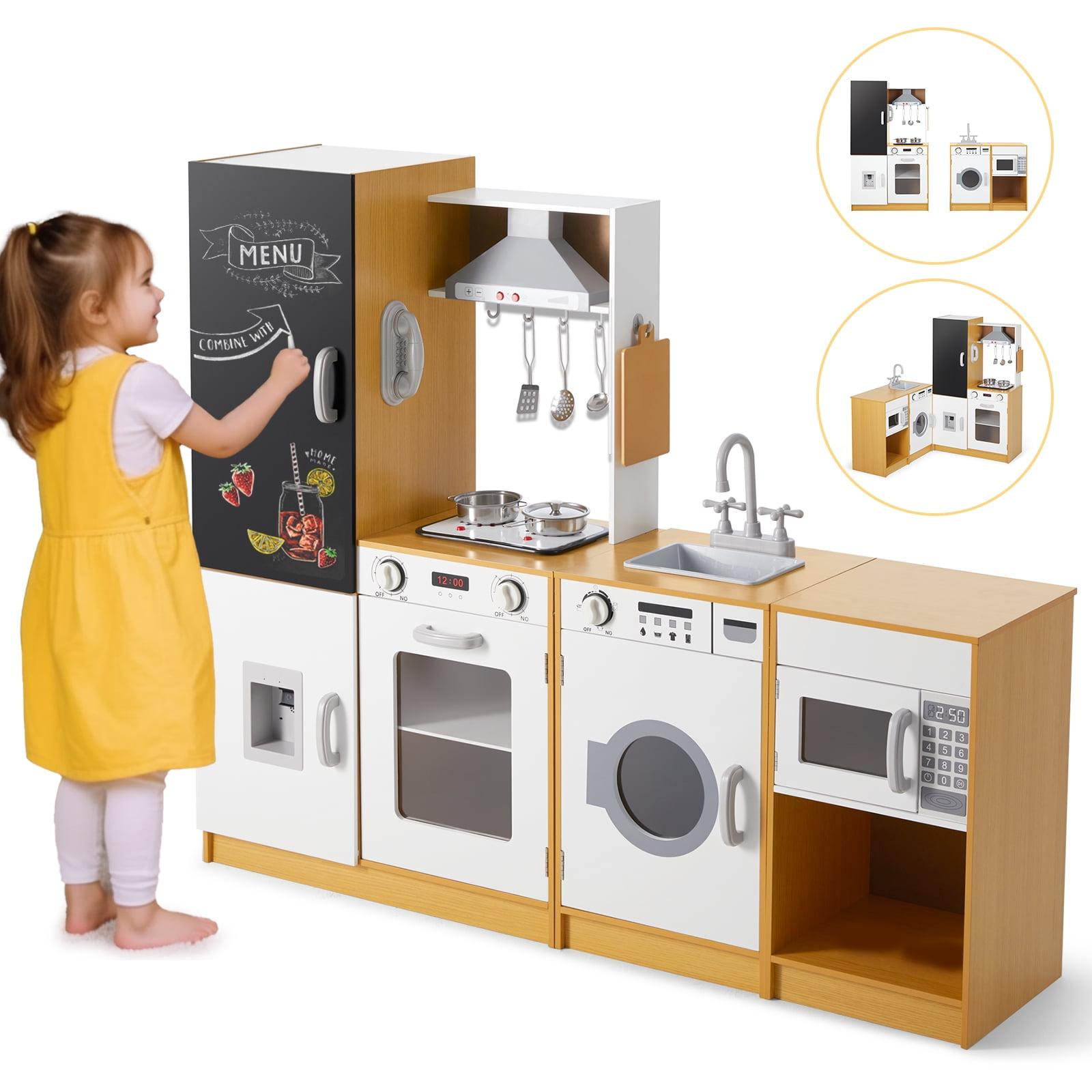 Beige and White Wooden Kids Play Kitchen Set with Real Sound and Light