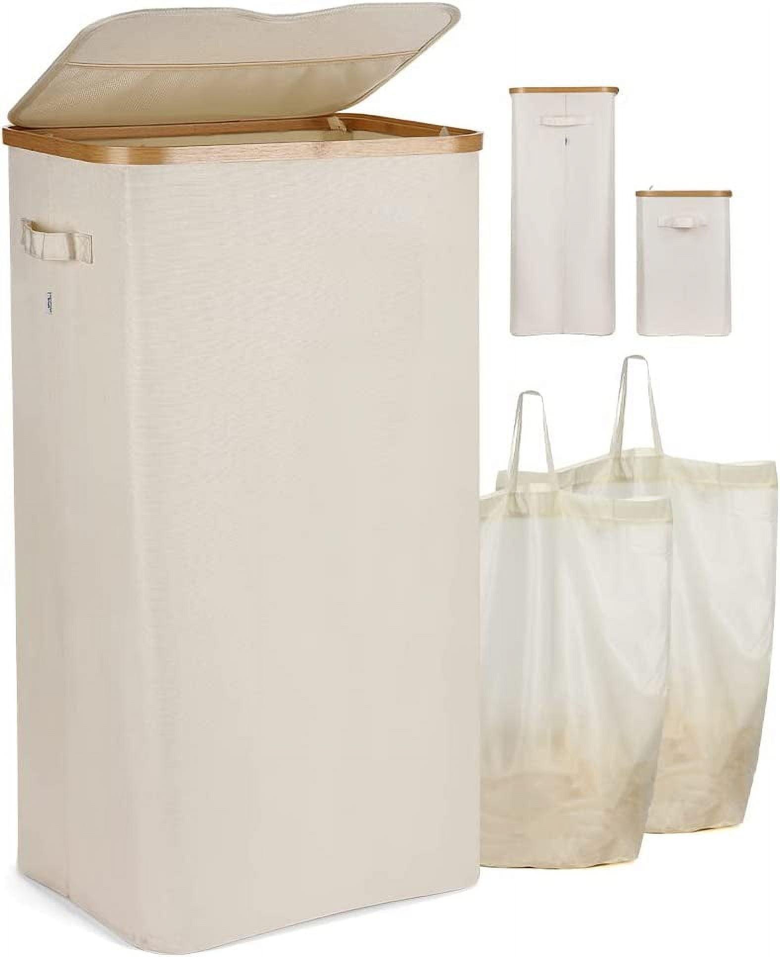 100L Beige Bamboo and Oxford Collapsible Laundry Hamper with Lid