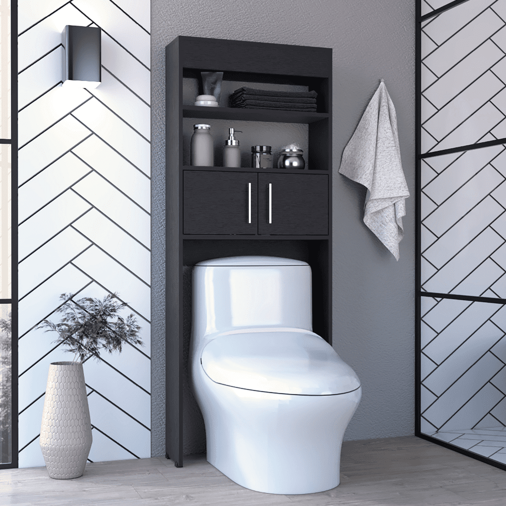 63'' Black Particle Board Over-The-Toilet Cabinet with Double Doors