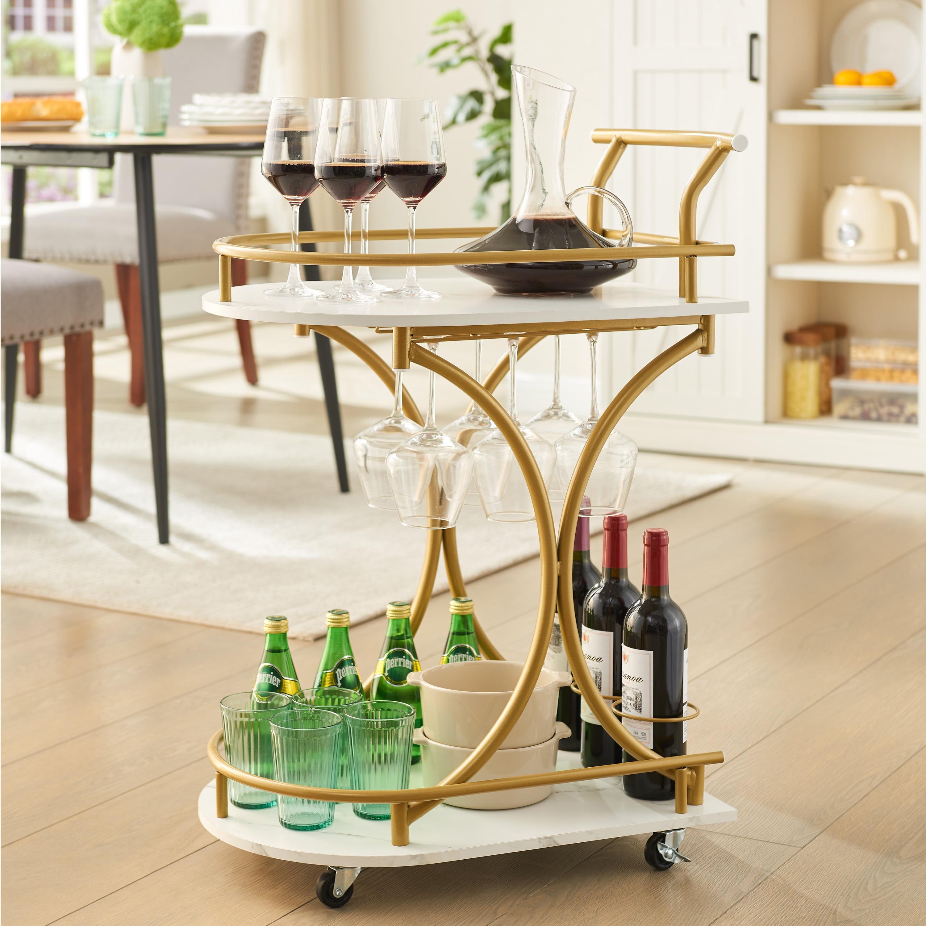 JRHRXXY 2-Tier Bar Cart,Gold Wine Cart with Wine Rack & Glass Holder,Home Serving Cart,for Party
