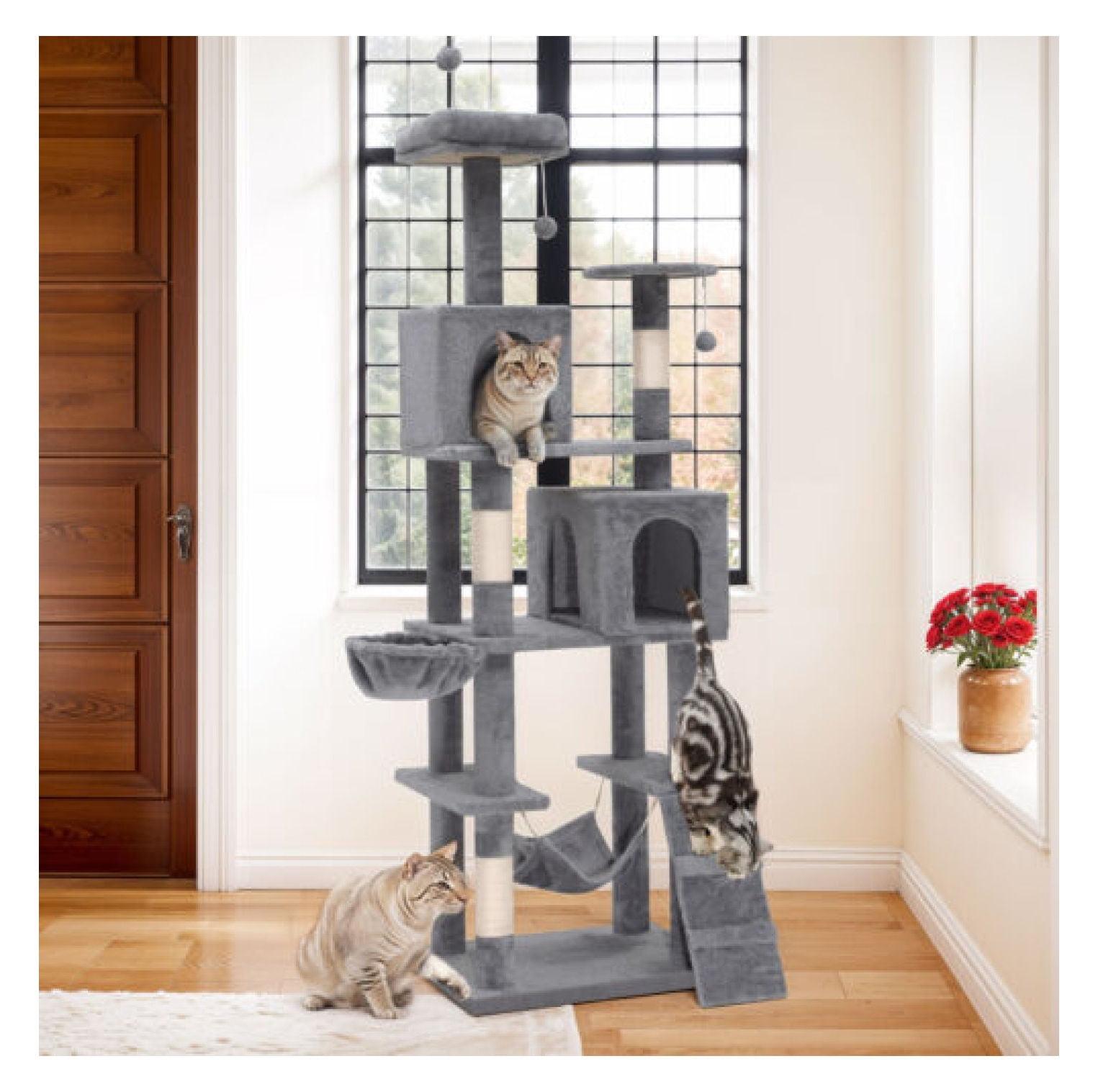 JTAOT 75in Tower Gray Wood Pet House Activity Center Indoor Scratching Posts