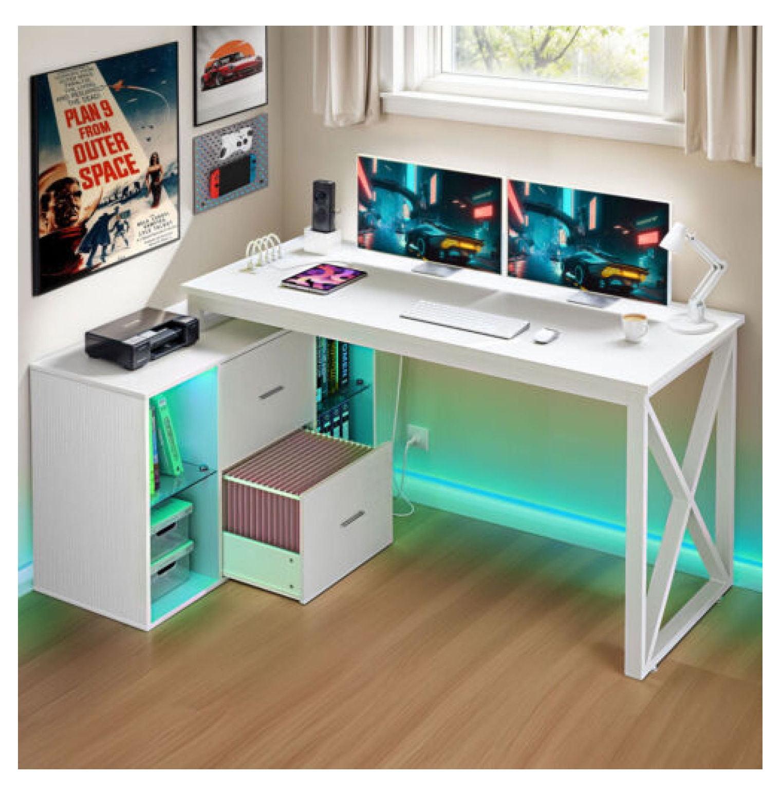 White L-Shaped Computer Desk with Drawers and Power Outlets