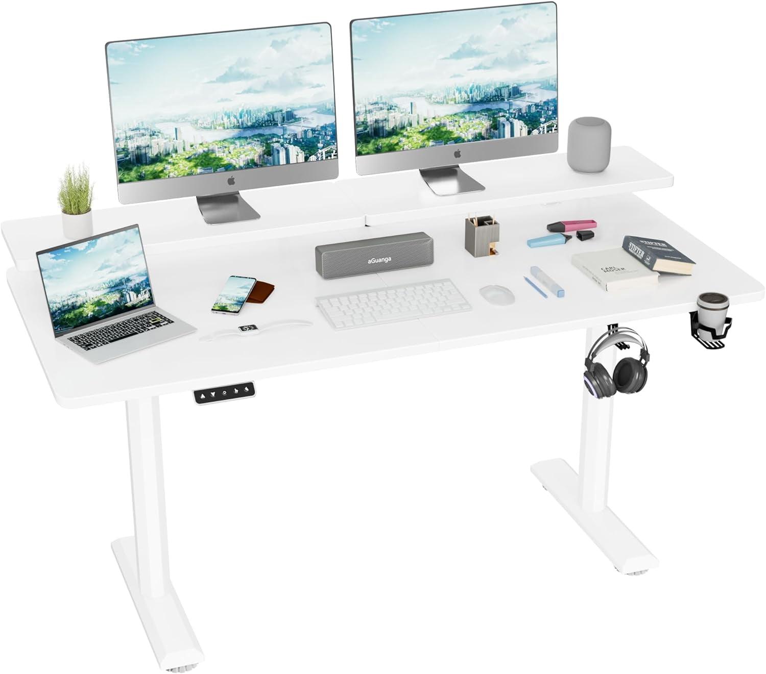 White Adjustable Height Electric Standing Desk with Monitor Stand, 55 x 24 Inches