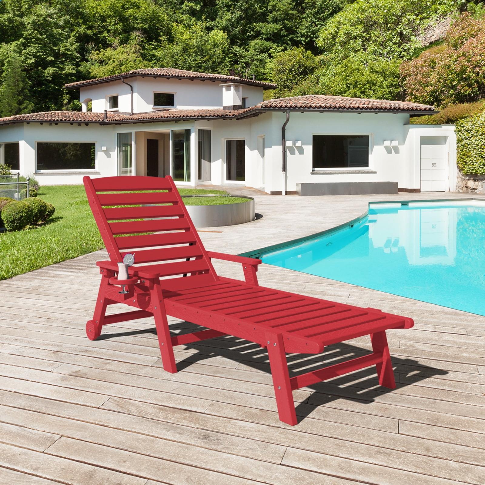 JUSTLET Adjustable Wheeled HDPE Plastic Outdoor Patio Lounge Chair W/ Cup Holder,78.3"x25.1"x16.3", Red