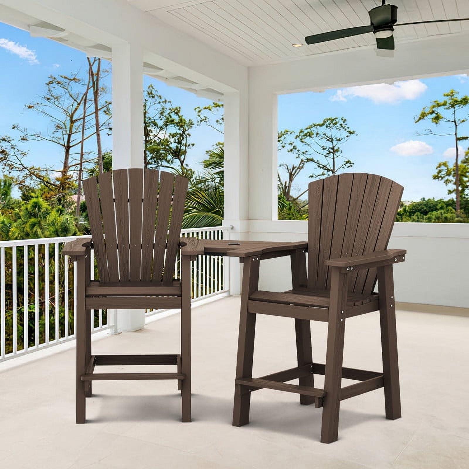 JUSTLET Tall Plastic Adirondack Chair Set of 2 W/ Outdoor Barstools and Connecting Tray, Brown