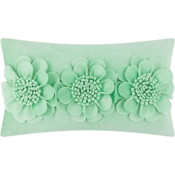 JWH 3D Hanmade Flower Accent Pillow Case Handmade Aesthetic 3D Floral Cushion Cover Decorative Rectangle Velvet Pillowcases for Home Bed Living Room Decor Girl Gift 12x20 inch in Mint Green