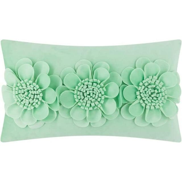 JWH 3D Hanmade Flower Accent Pillow Case Handmade Aesthetic 3D Floral Cushion Cover Decorative Rectangle Velvet Pillowcases for Home Bed Living Room Decor Girl Gift 12x20 inch in Mint Green