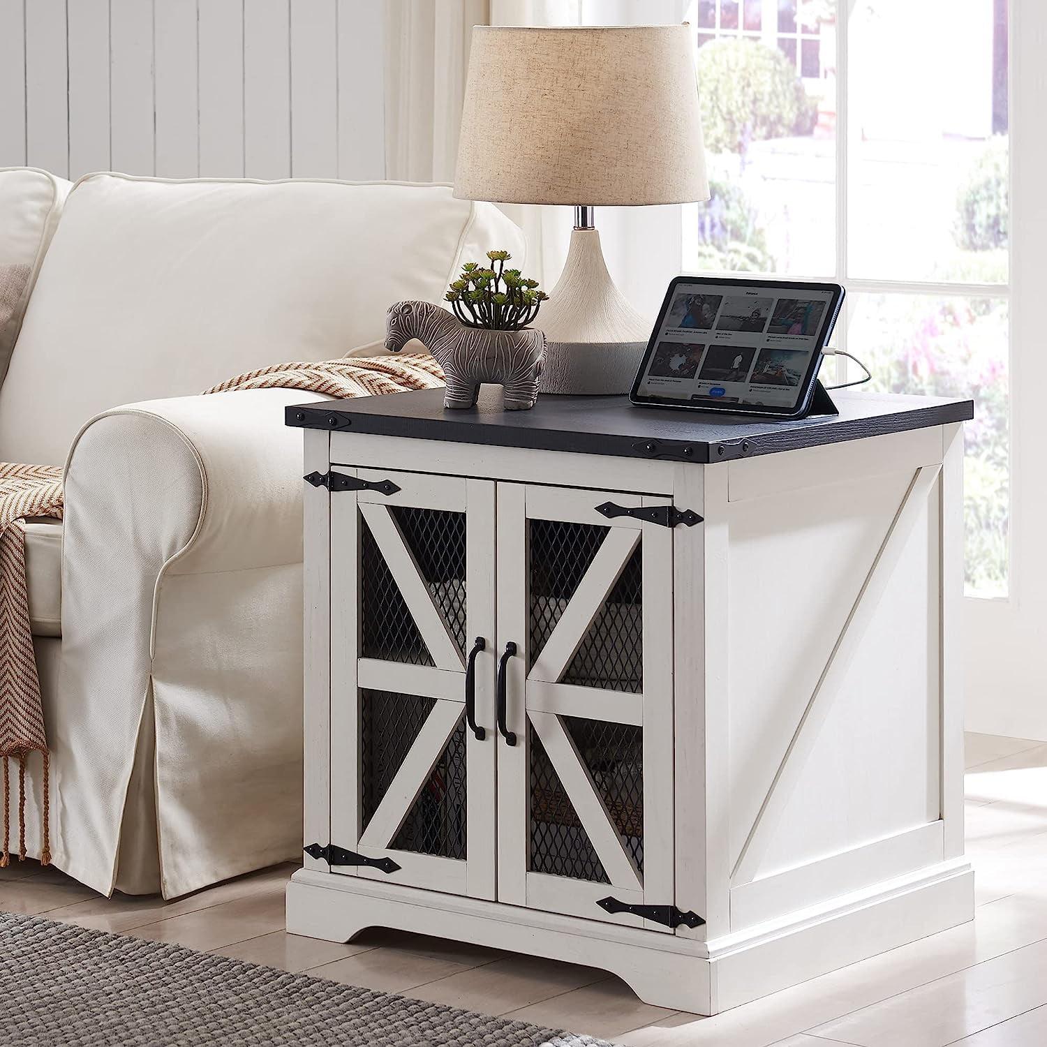 Farmhouse End Table, 24" Large Sofa Side Table with Charging Station, Mesh Barn Door, and Adjustable Storage Shelf, Rustic Wood Square Nightstand for Living Room, Bedroom, Office, White