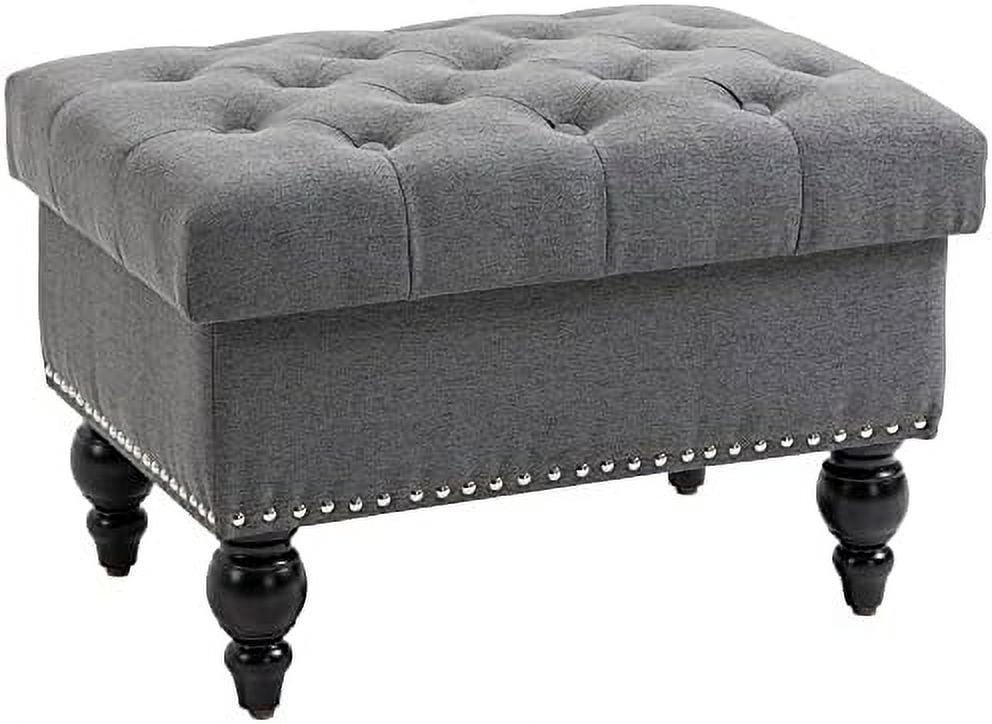 Elegant Gray 67cm Tufted Fabric Ottoman with Wood Legs and Storage