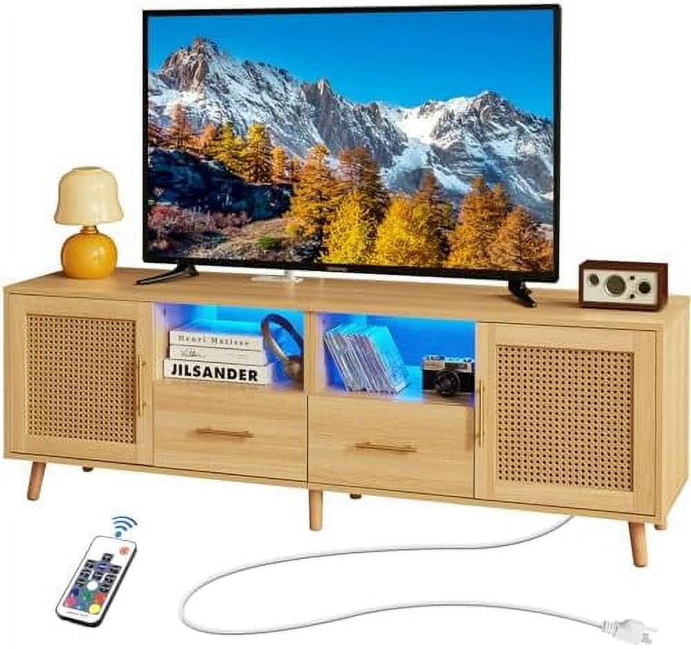 Natural Wood and Rattan TV Stand with LED Lights