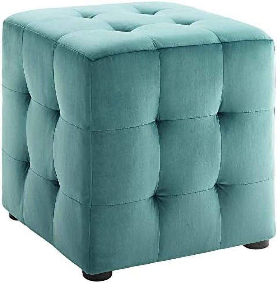 Teal Tufted Velvet Cube Ottoman with Button Details