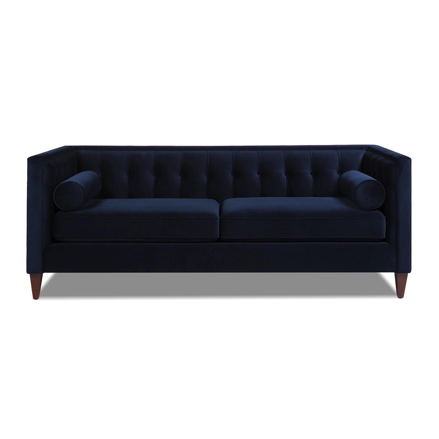 Dark Navy Blue Velvet Tufted Tuxedo Settee with Wood Legs