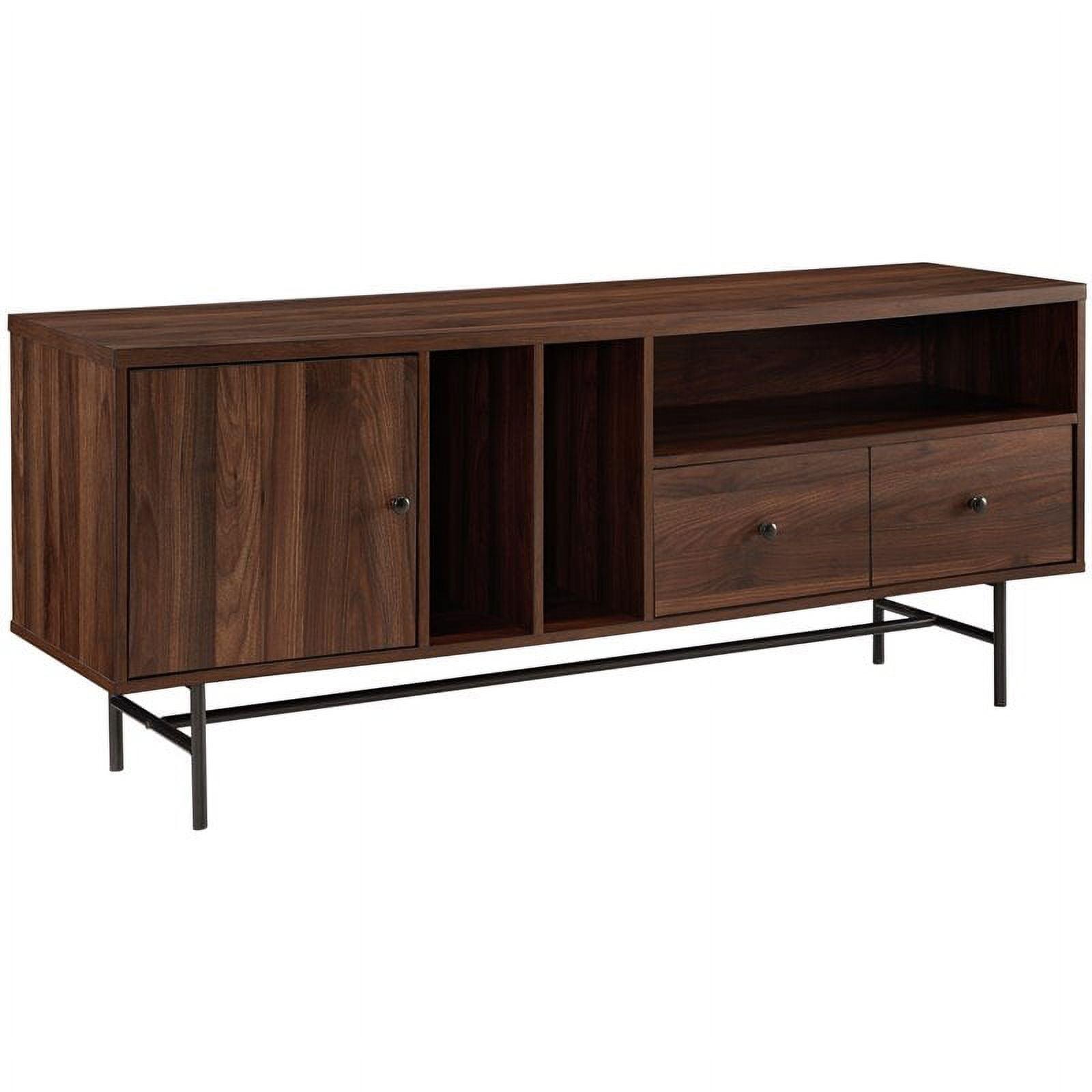 60" Dark Walnut Modern TV Console with Cabinet and Shelves