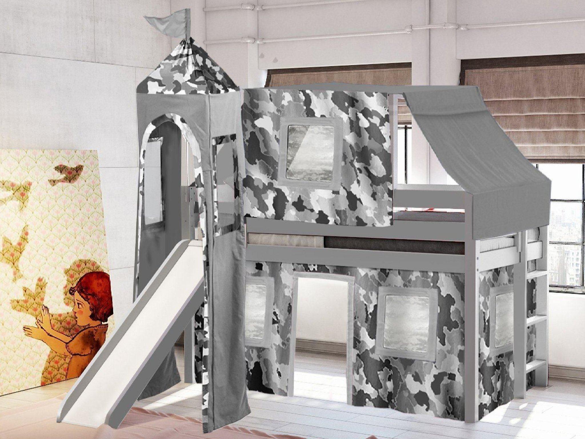 Jackpot Castle Low Loft Bed with Slide Gray Camo Tent and Tower, Twin, Gray