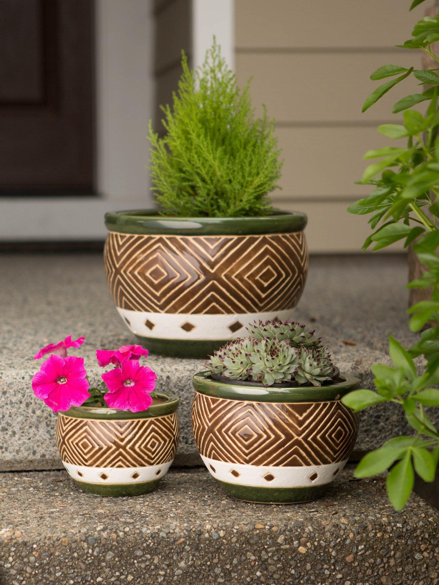 Jade and Sand Ceramic Diamond Pattern Outdoor Planter Trio