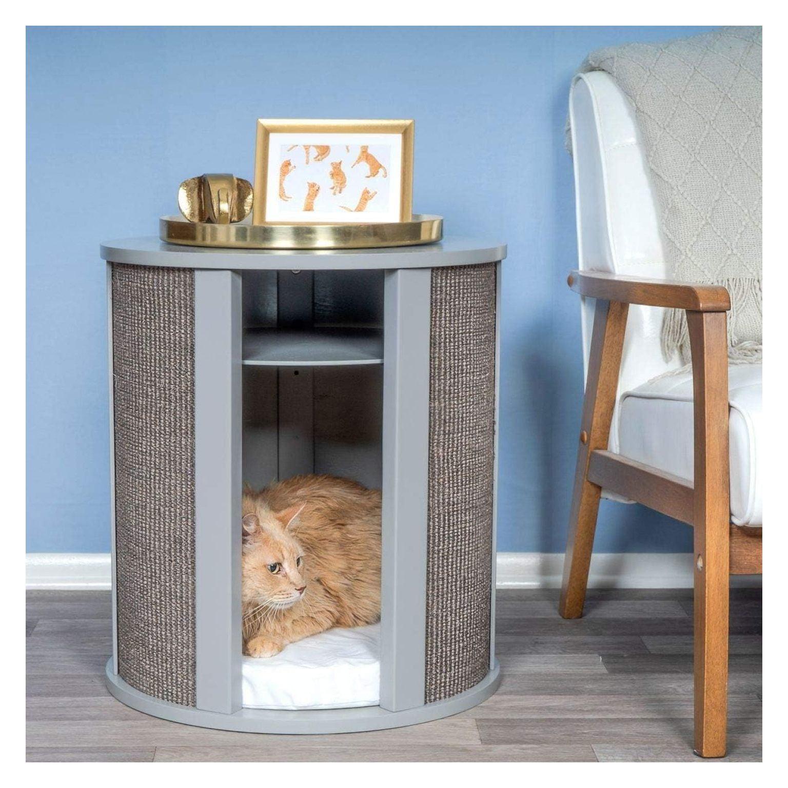 The Refined Feline Purrrrfect End Table Cat Bed - Wood Cat Furniture Nightstand, Replaceable Scratch Pad & Cushion