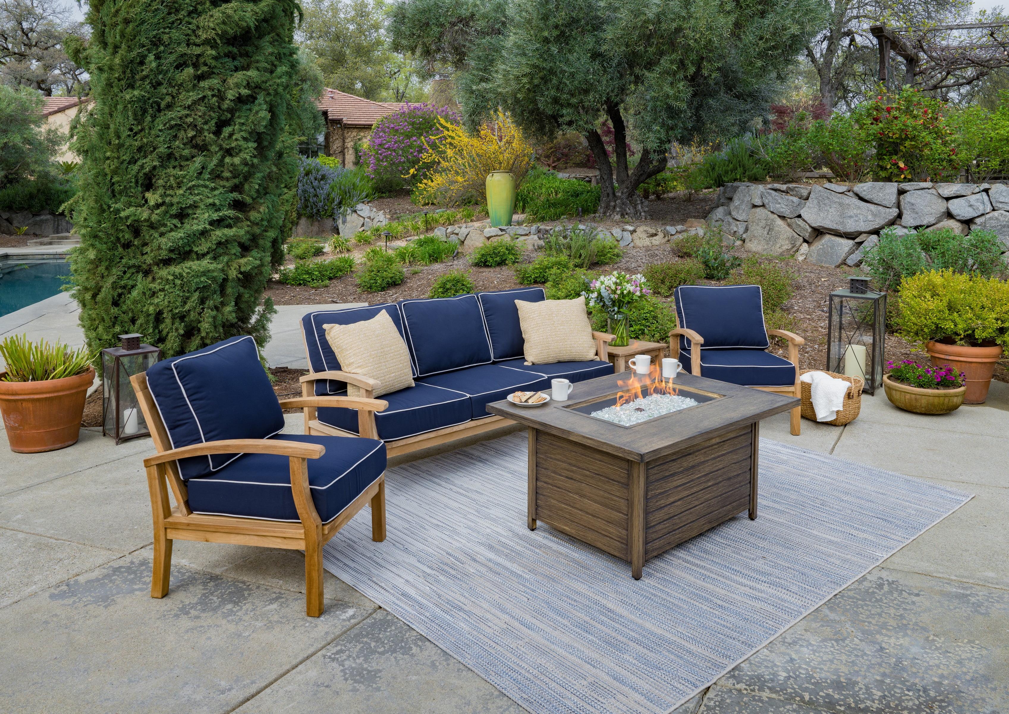 Teak 5-Piece Sofa Set with Navy Cushions and Fire Table