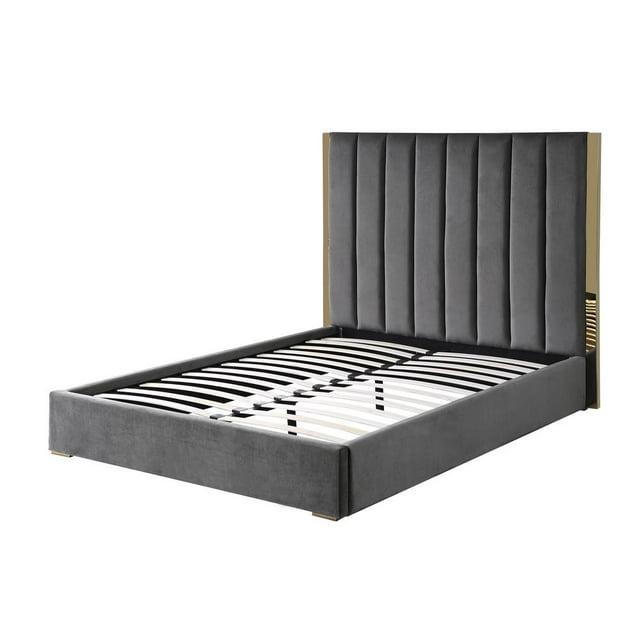 Jalen Dark Gray Velvet Queen Platform Bed with Gold Accents