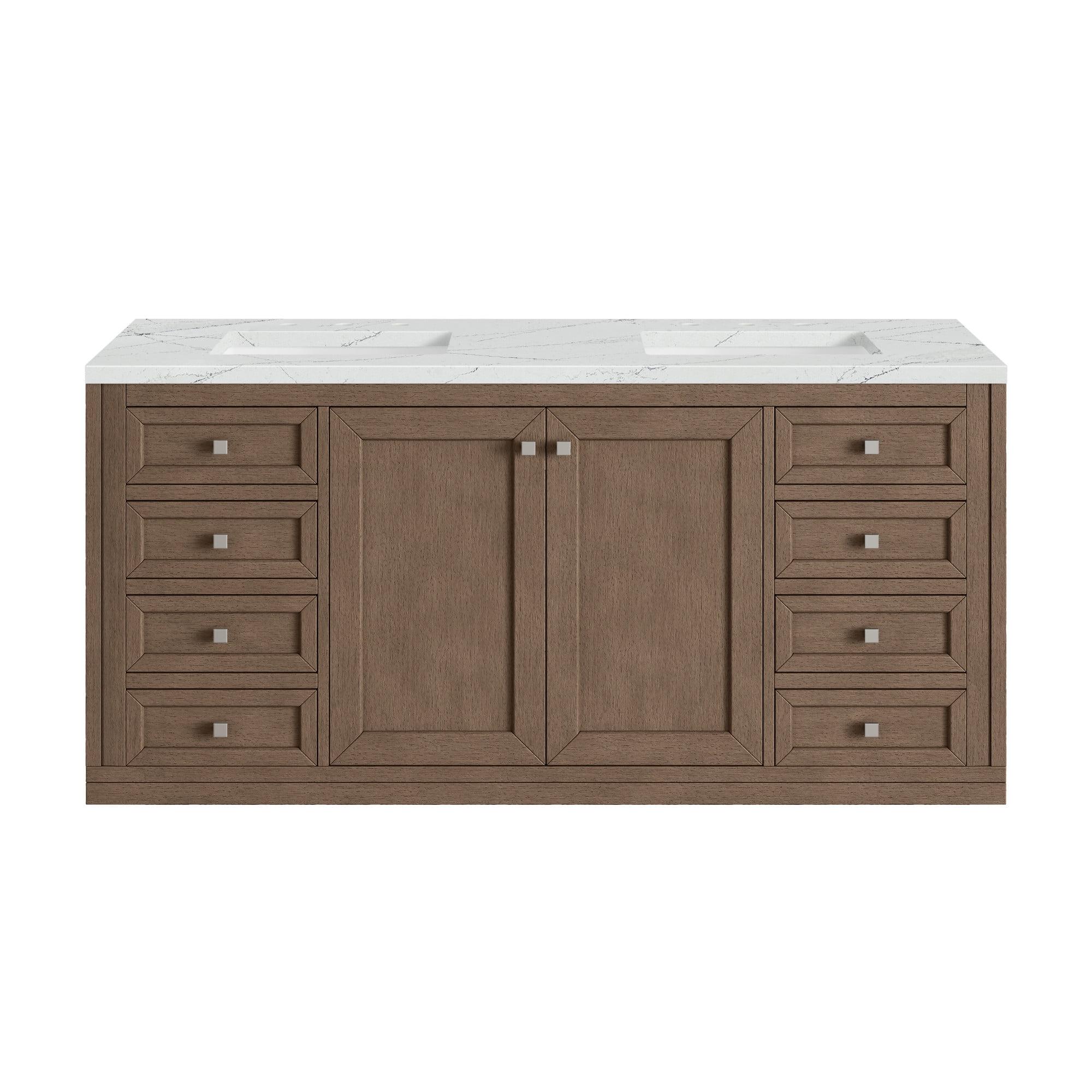 Walnut Whitewashed 60" Double Sink Vanity with Solid Surface Top