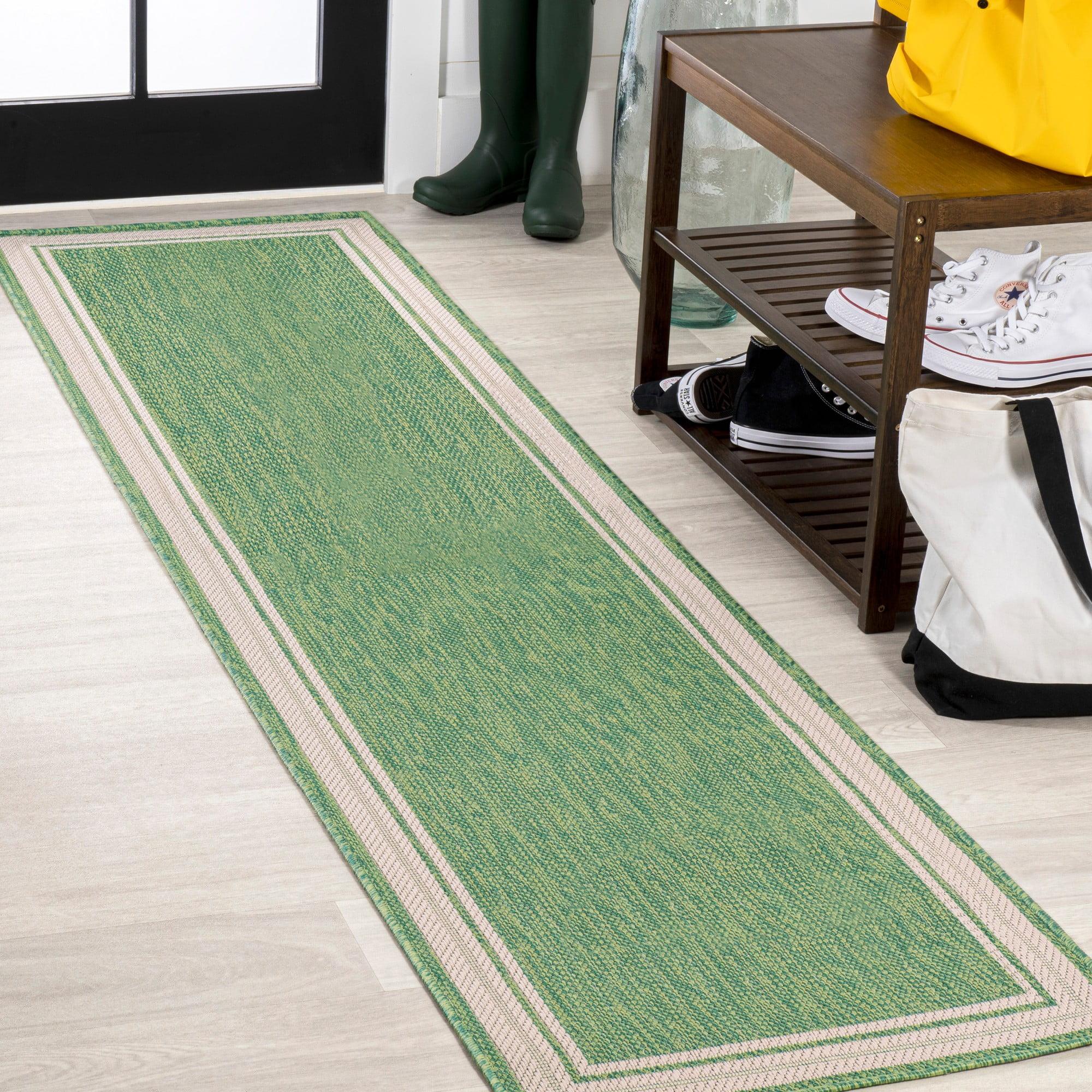 2' x 8' James Modern Border Stripe Indoor/Outdoor Runner Rug, Green/Cream - JONATHAN Y