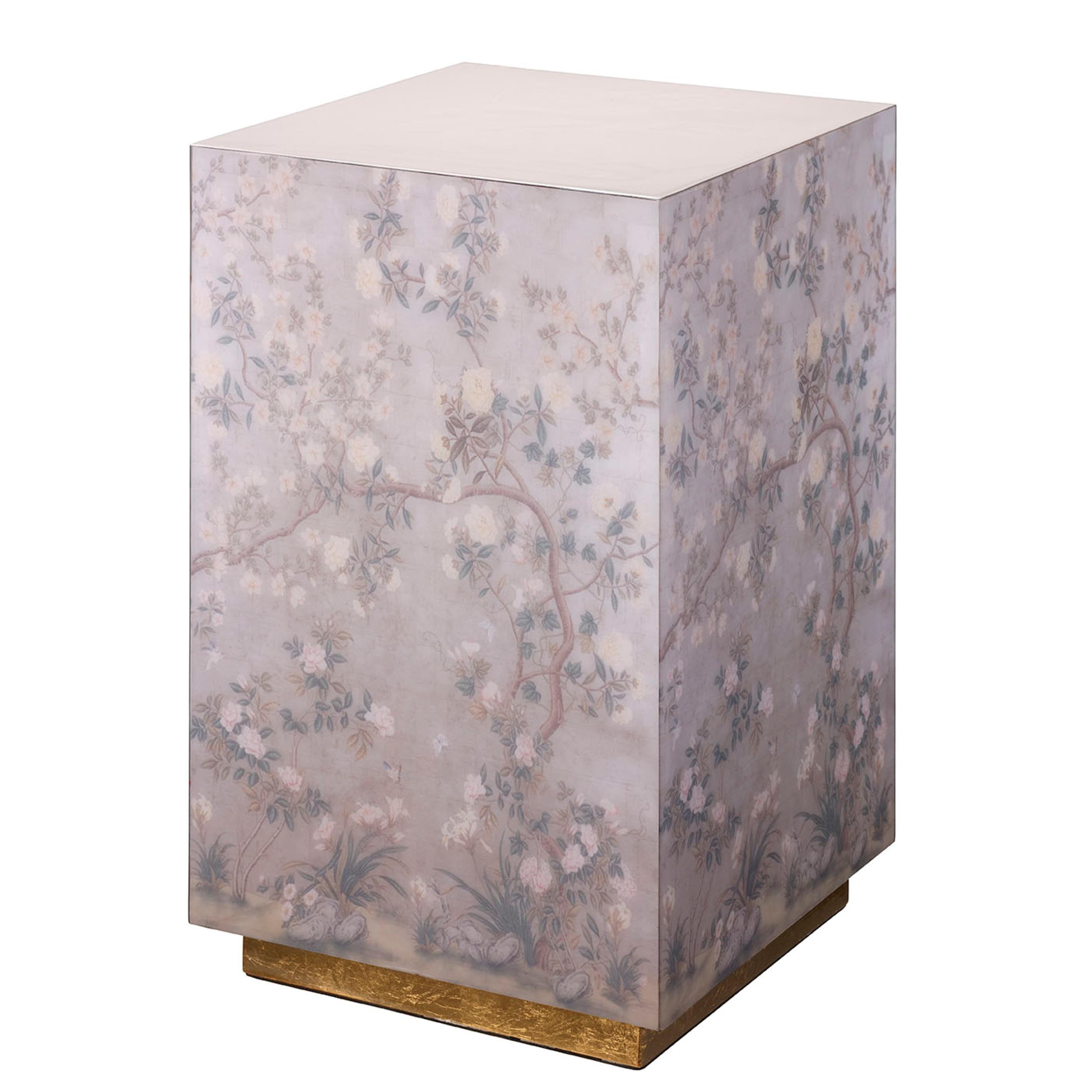 Pink Floral Paper and MDF Accent Side Table with Gold Base