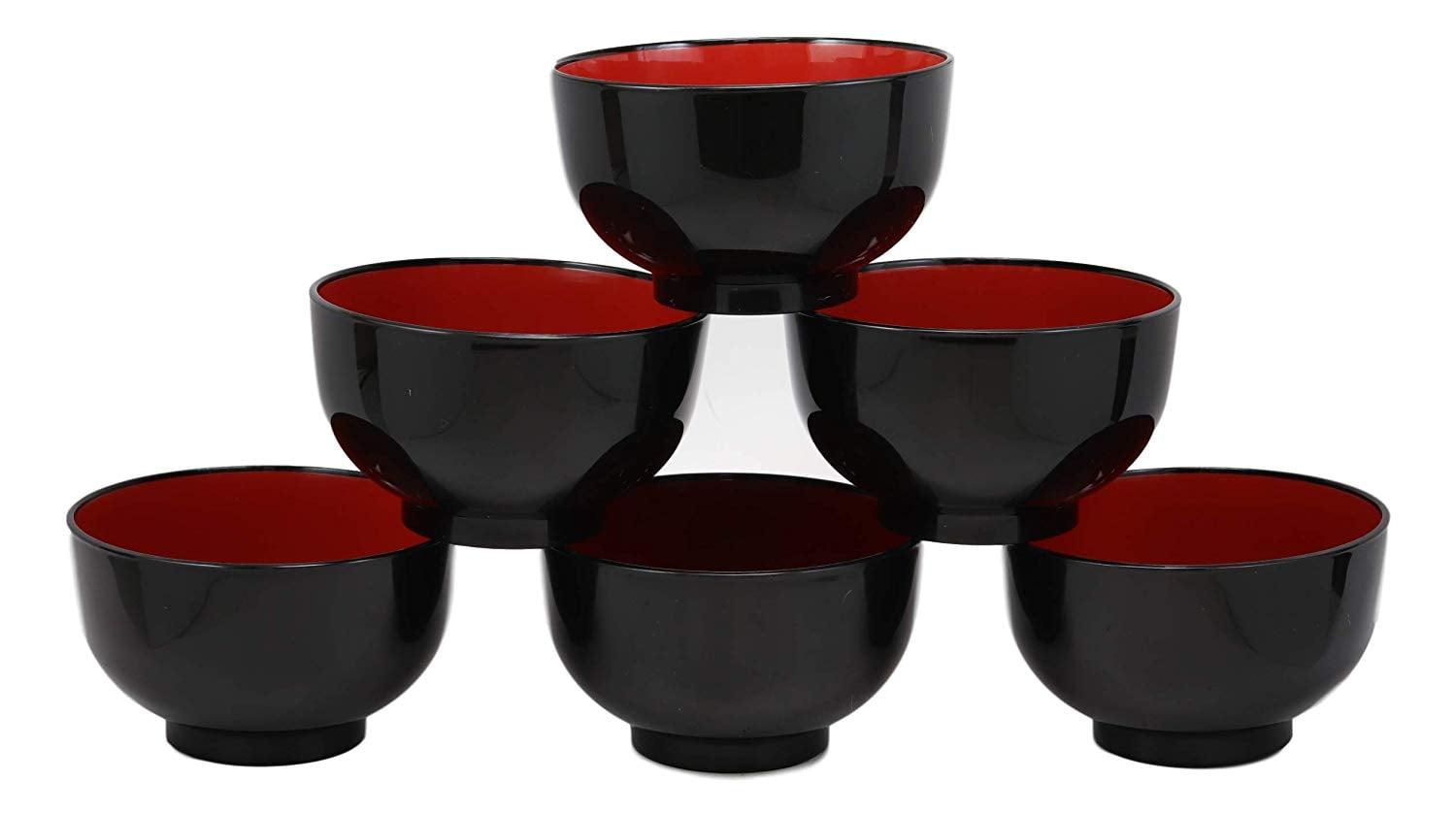 Japanese Black Red Lacquer Copolymer Plastic Rice Bowl Wood Grain Pattern Set 6