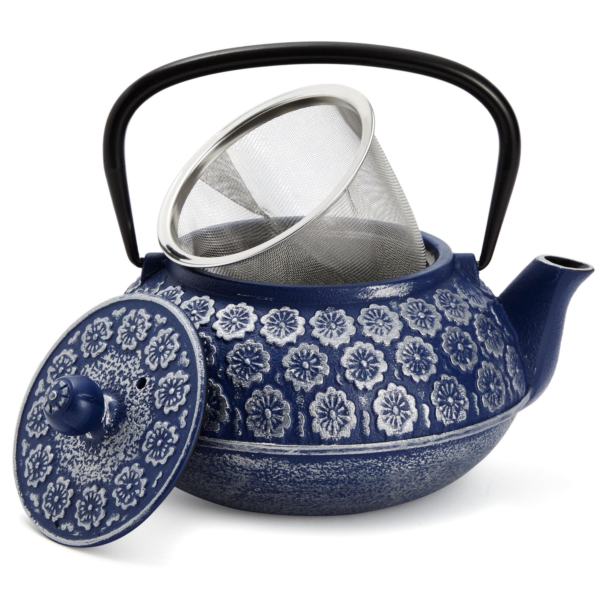 Juvale Cast Iron Tea Pot with Stainless Steel Loose Leaf Infuser, Blue, 34 oz