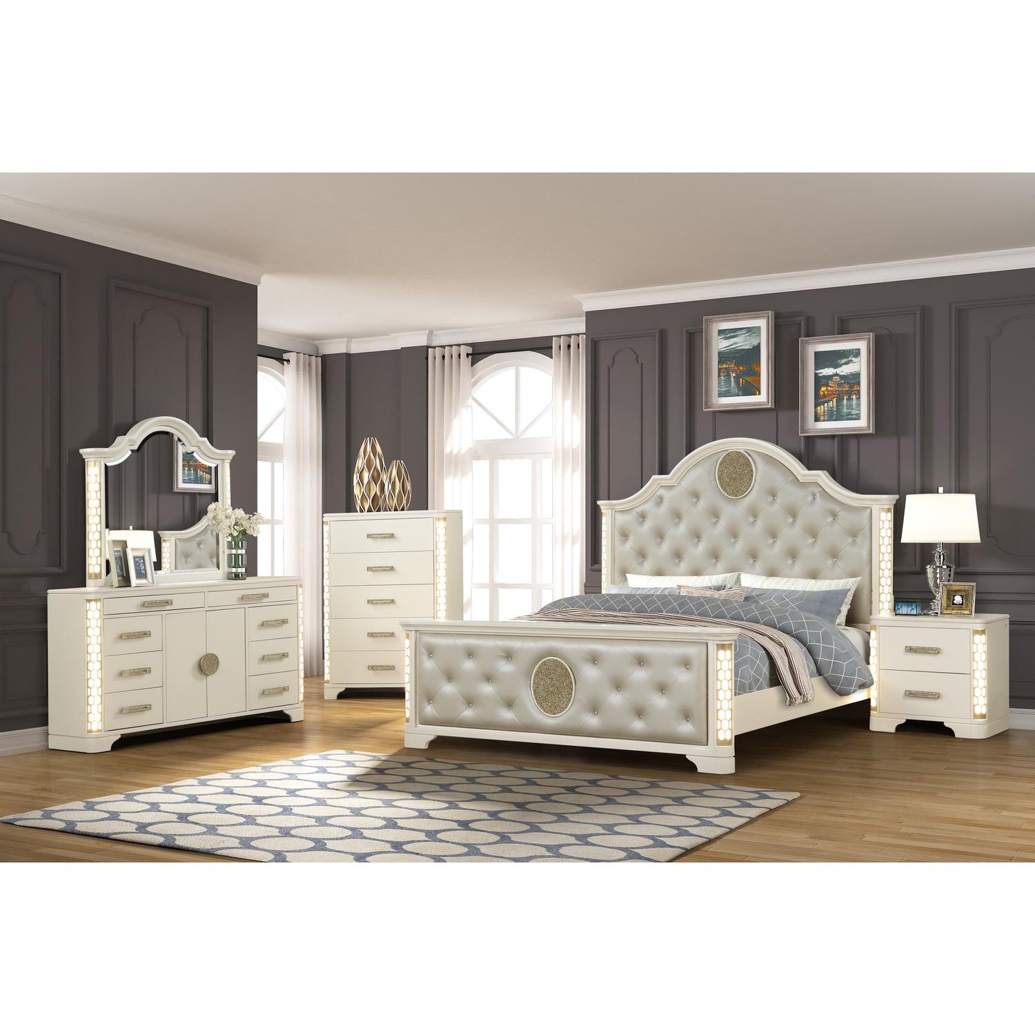Jasmine Queen 5-N Pc Unique LED Bedroom Set made with Wood in Beige