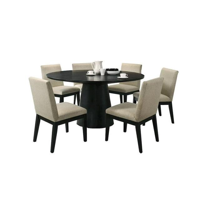 Jasper Ebony Black Wood 7-PC 59"Rd Dining Tbl.Set w/Pedestal Base+Fabric Chairs